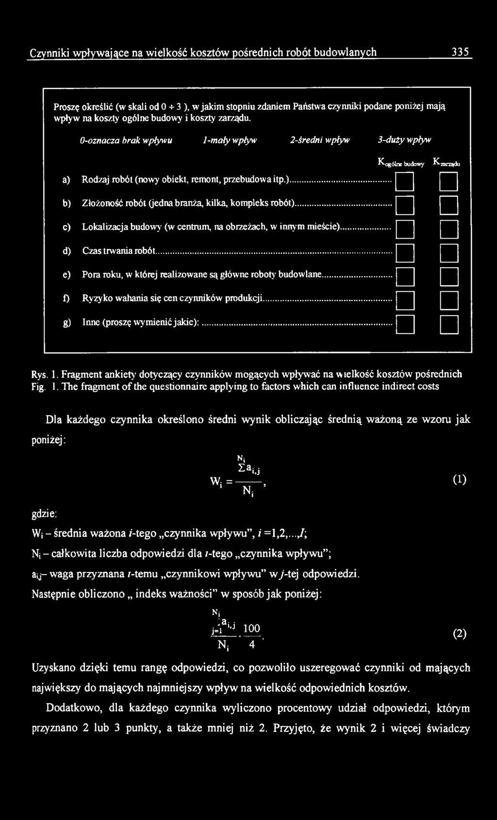 Fragment ankiety dotyczący czynników mogących wpływać na wielkość kosztów pośrednich Fig. 1.