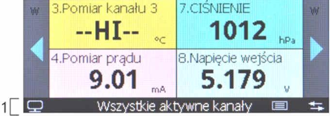 Dolny pasek statusu sygnalizacja trybu pracy oraz statusu portu USB (rozdział 12.8, Tabela 12.8, parametr Tryb pracy USB) 7 nazwa grupy pomiarów (do 16 znaków/grupę, pobierana z pliku AR407.