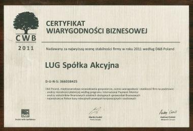 CERTYFIKAT FESTIWAL DESIGNU W IV kwartale 2012 roku spółka LUG S.A. została wyróżniona Certyfikatem Wiarygodności Biznesowej firmy Dun & Bradstreet Poland.