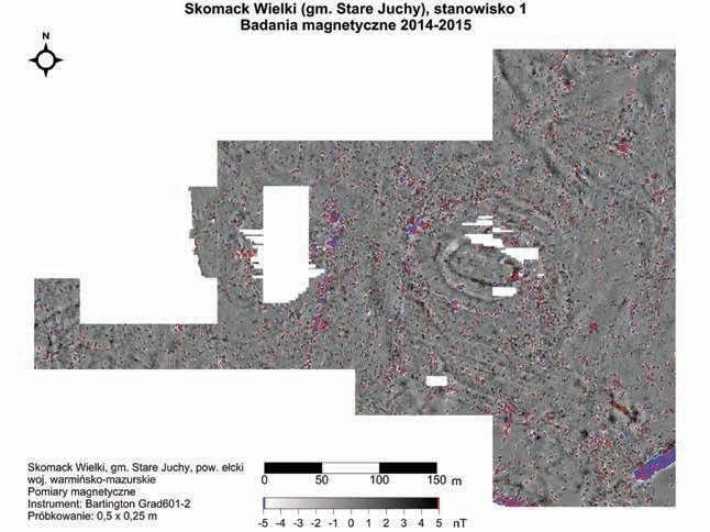 Grodziska jaćwieskie w świetle najnowszych badań interdyscyplinarnych Ryc. 6. Skomack Wielki-Ostrów, gm. Stare Juchy. Wyniki badań geomagnetycznych (oprac. P. Wroniecki) Fig. 6. Skomack Wielki-Ostrów, community of Stare Juchy.