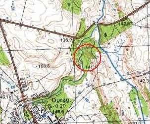 Problematyka gródków stożkowatych na obszarze województwa warmińsko-mazurskiego Ryc. 19. Durąg, st. 1. Lokalizacja grodziska na mapie w skali 1:25000 Fig. 19. Durąg, site 1.