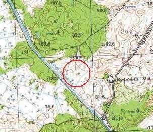 Problematyka gródków stożkowatych na obszarze województwa warmińsko-mazurskiego Ryc. 47. Guja, st. 9. Lokalizacja grodziska na mapie w skali 1:25000 Fig. 47. Guja, site 9.