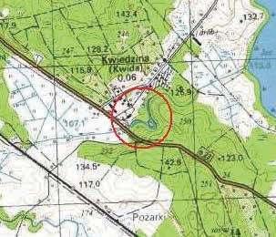 Jacek Radkowski i Jacek Wysocki Ryc. 64. Kwiedzina, st. 2. Lokalizacja grodziska na mapie w skali 1:25000 Fig. 64. Kwiedzina, site 2. Location of the stronghold on a 1:25,000 map Ryc. 65.