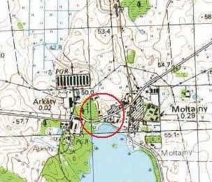 Problematyka gródków stożkowatych na obszarze województwa warmińsko-mazurskiego Ryc. 73. Mołtajny, st. 2. Lokalizacja grodziska na mapie w skali 1:25000 Fig. 73. Mołtajny, site 2.