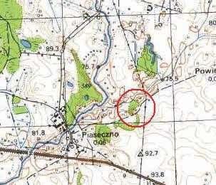 Problematyka gródków stożkowatych na obszarze województwa warmińsko-mazurskiego Ryc. 94. Piaseczno, st. 1. Lokalizacja grodziska na mapie w skali 1:25000 Fig. 94. Piaseczno, site 1.