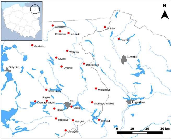 Marcin Engel i Cezary Sobczak Ryc. 1. Lokalizacja stanowisk badanych przez Dział Archeologii Bałtów Państwowego Muzeum Archeologicznego w latach 2012 2016 (oprac. C. Sobczak) Fig. 1. The location of archaeological sites investigated by the Balts Archaeological Department of the State Archaeological Museum in 2012-2016 (elaborated by C.
