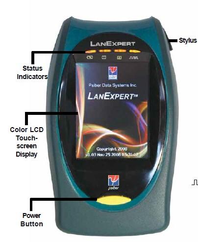 Przegląd LANEXPERT Wskaźniki Stanu Kolorowy Wyświetlacz Dotykowy LCD Przycisk Zasilania Podłączenia LAN Rysik Wskaźniki Stanu Zasilanie pokazuje poziom naładowania baterii i stan podłączenia