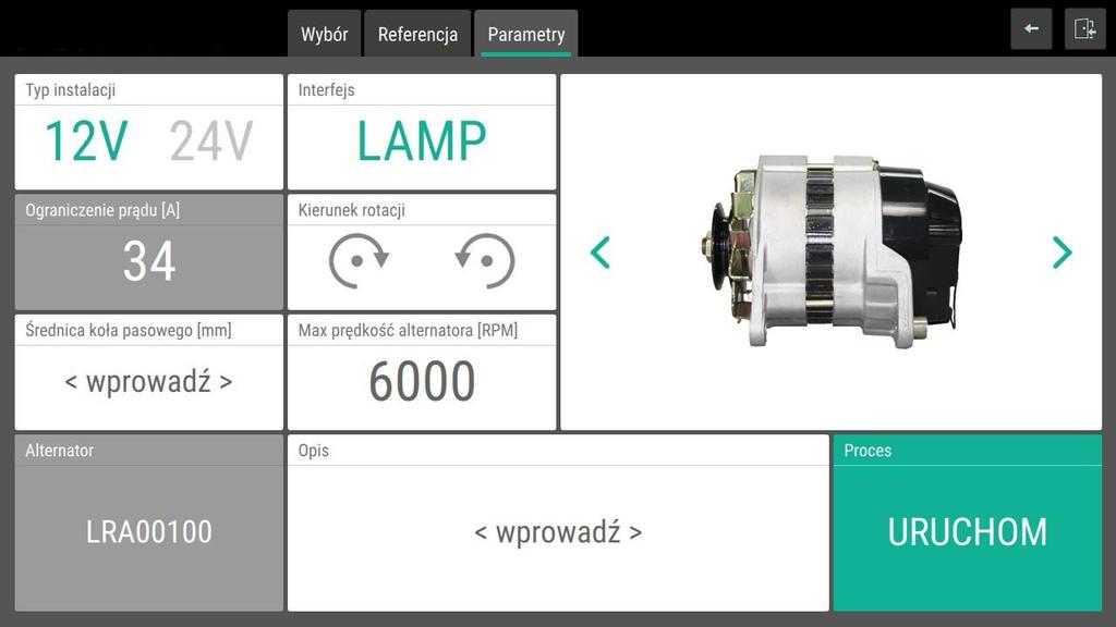 7.1 Rozpoczęcie testu Każdy test rozpoczyna się od wyboru jego parametrów: test alternatora, tryb automatyczny, typ testu automatycznego standardowy/ wydajnościowy, wybór danych z bazy przez - >