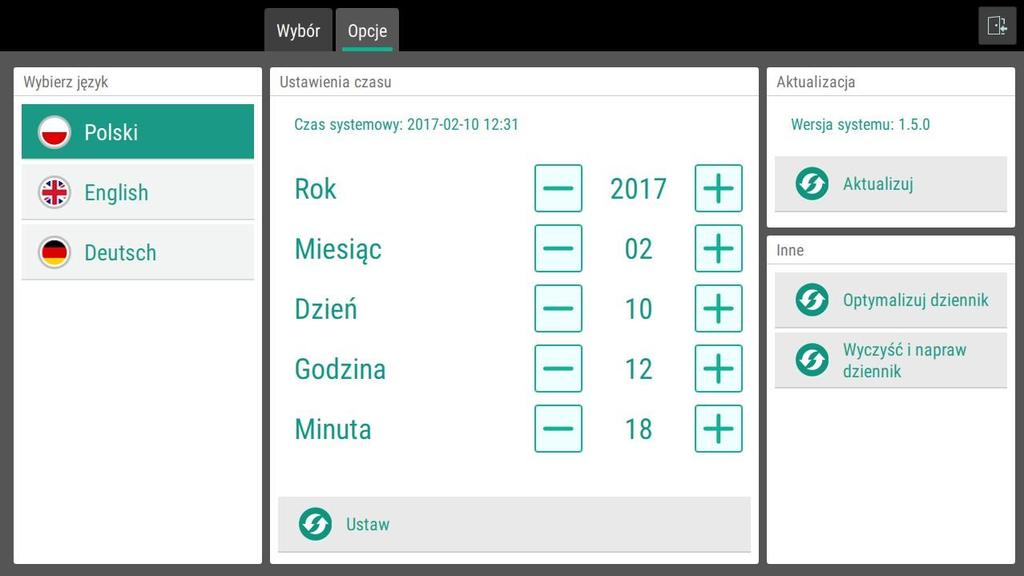 4.2 Konfiguracja Konfiguracji można dokonywać po wejściu w zakładkę opcję. 4.2.1 Zmiana Daty W celu zmiany daty należy za pomocą przycisków +, - ustawić odpowiednie wartości i zatwierdzić je przyciskiem ustaw.