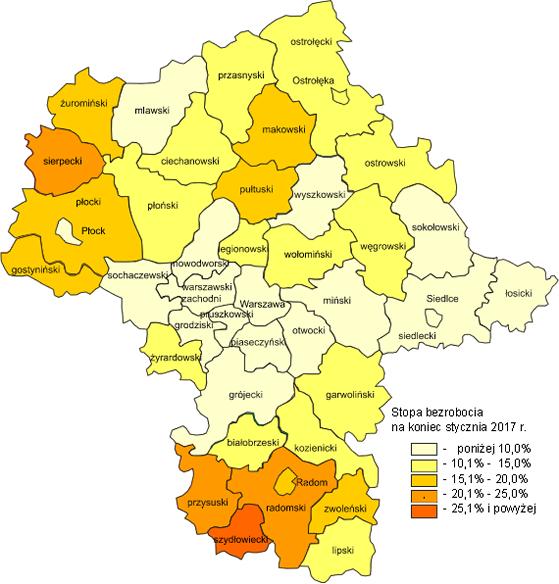 Rysunek 1 Stopa bezrobocia na koniec stycznia 2017 r. Źródło: opracowanie GUS Bezrobotni oraz stopa bezrobocia według województw, podregionów i powiatów styczeń 2017 r.