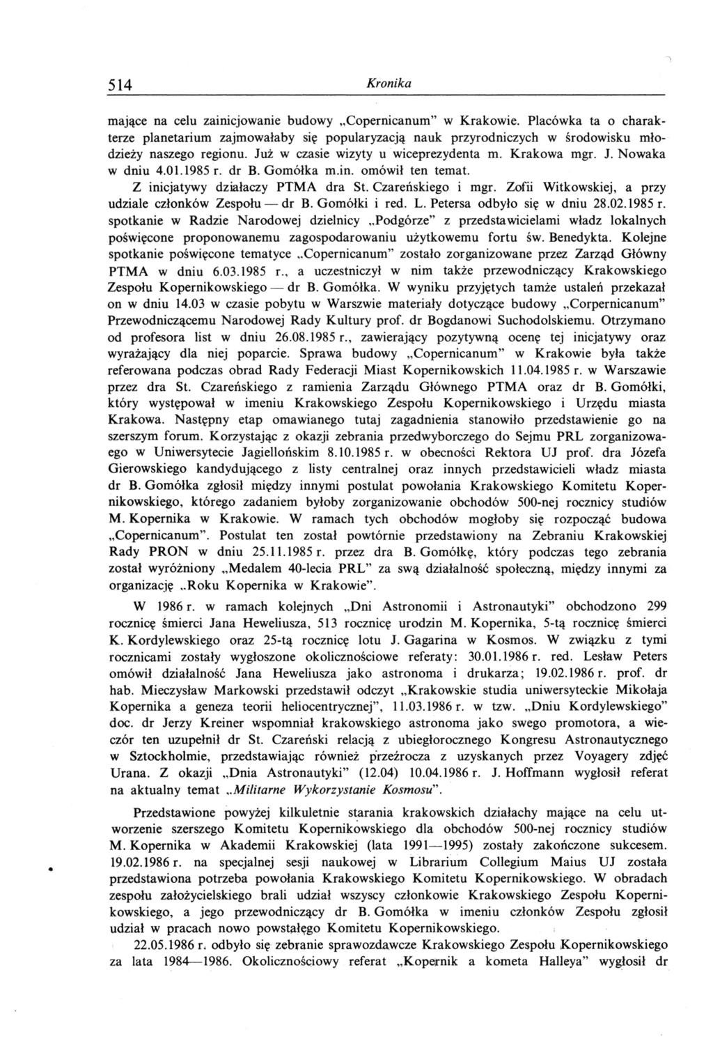 514 Kronika mające na celu zainicjowanie budowy Copernicanum" w Krakowie.