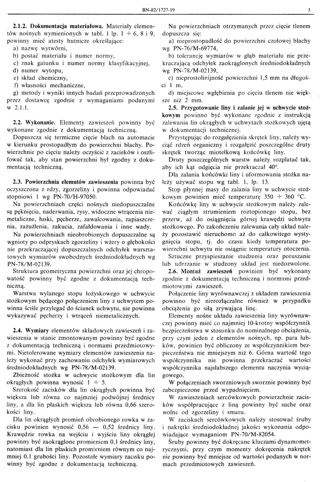 BN-82/ 1727-19 3 2.1.2. Dokumentacja materiałowa. Materiały eementów nośnych wymienionych w tab. p.