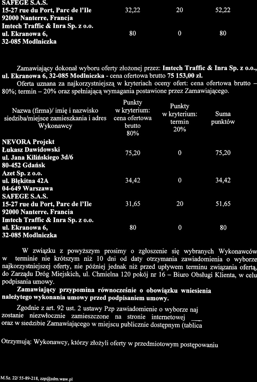 Zamawiajqcy dokonal wyboru oferty zlohonej przez:, - 75 153,00 zl.