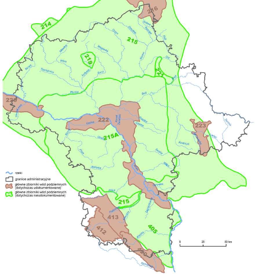 Mapa nr 3. Główne zbiorniki wód podziemnych na terenie województwa mazowieckiego Źródło: Program małej retencji dla województwa mazowieckiego, 2008 r.