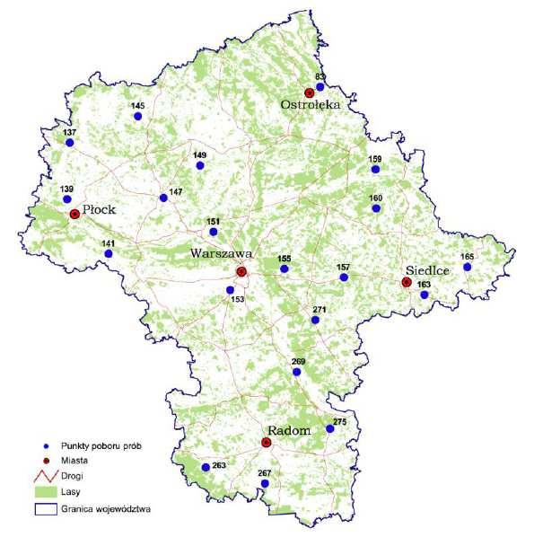 Mapa nr 5. Rozmieszczenie punktów pomiarowo kontrolnych na terenie województwa mazowieckiego Źródło: Monitoring chemizmu gleb ornych w Polsce w latach 2010 2012, IUNG, PIB w Puławach, 2012 r.