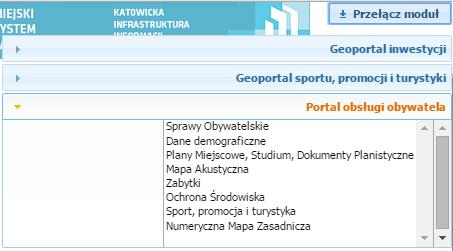 Użytkownik może przełączać się pomiędzy modułami, za pomocą przycisku Przełącz moduł dostępnego w górnej części okna: Po skorzystaniu z tego przycisku, otwiera się okno z dostępną listą modułów.