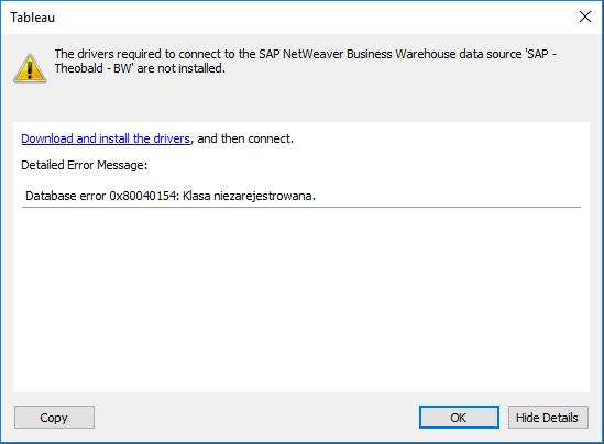 4 Po kliknięciu w pokazany powyżej link użytkownik przekierowany jest na stronę Tableau: i z tego miejsca może przejść do SAP Software Download Center aby pobrać stosowny sterownik.