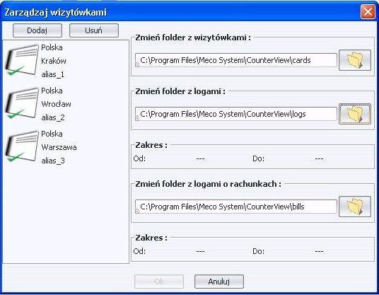Moduł zarządzający wizytówkami Moduł ten pozwala na przeglądanie listy wgranych wizytówek, dodawanie/ usuwanie wizytówek, zmianę domyślnych katalogów oraz zmianę aktualnie używanej wizytówki.