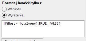 1. Warunek - czyli jaki warunek oraz wartość ma zawierać dana komórka. My wybieramy warunek: 2. Wyrażenie umożliwia nam stworzenia własnej formuły.