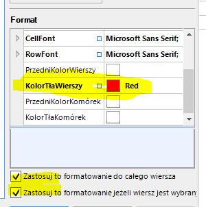 czerwony. Formatowanie ma dotyczyć całego wiersza.