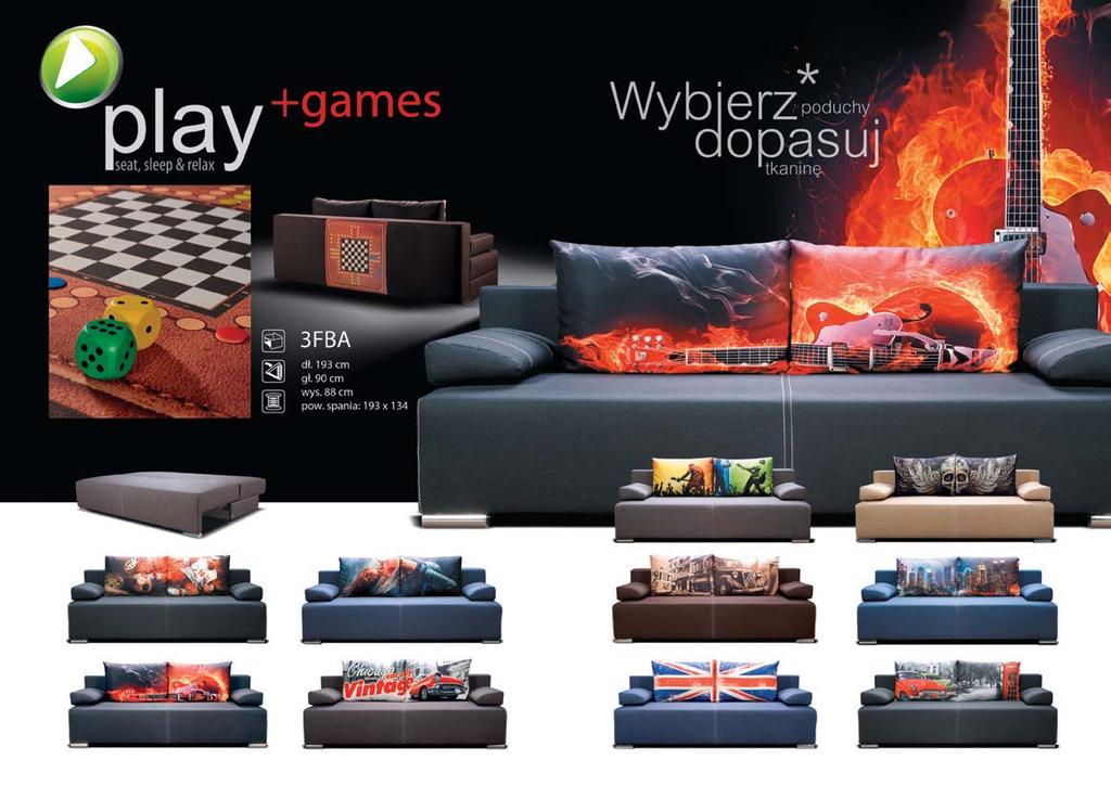 Sofa play z opcją games zawiera planszę do gry w warcaby i chińczyka oraz zestaw pionków.