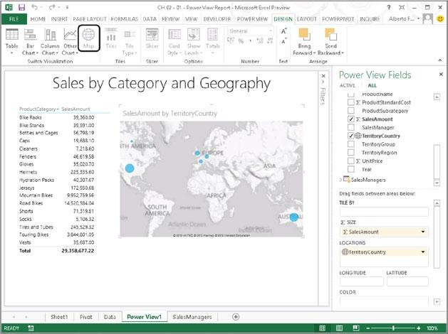32 Rozdział 1: Wprowadzenie do PowerPivot Rysunek 1-28 Przycisk Mapa przekształca tabelaryczne przedstawienie danych na ich reprezentację graficzną na mapie.