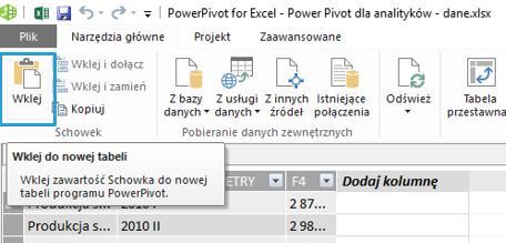 26 3.2 Kopiuj-wklej Jeśli chcemy dołączyć do modelu tabelę, która nie znajduje się w Excelu i nie będzie musiała być aktualizowana, możemy użyć funkcji Kopiuj i Wklej.