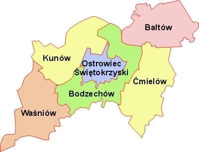 Mapa nr 2 Gmina Waśniów na tle mapy Powiatu Kieleckiego Źródło: https://sites.google.