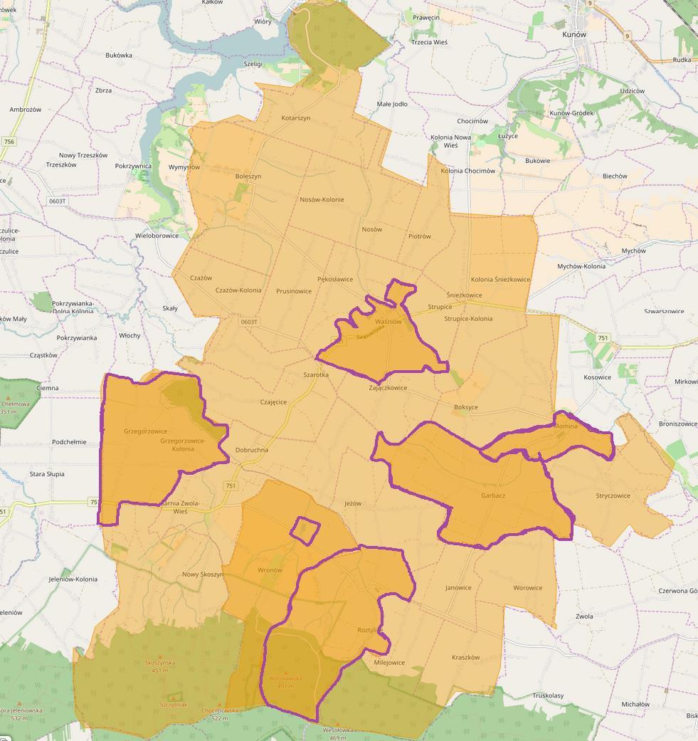 Mapa nr 17 Mapa z zaznaczonymi obszarami rewitalizacyjnymi na tle obszarów zdegradowanych w gminie Waśniów Źródło: Opracowanie własne Zgodnie
