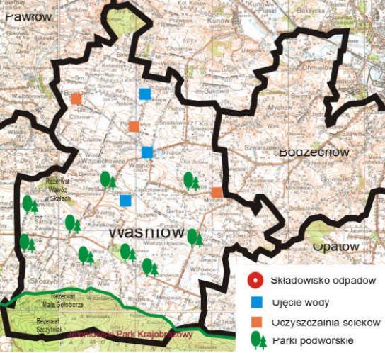 Na terenie gminy Waśniów wystepują także parki podworskie, ich rozmieszczenie pokazuje niniejsza mapa: Mapa nr