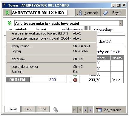 ownik lokalizacji Aby uruchomi s ownik nale y przej do "Kartoteki towarów" i z poziomu okna towaru z menu podr cznego wybieramy "Lokalizacje magazynowe - s ownik (BLOT)" lub Alt+1.