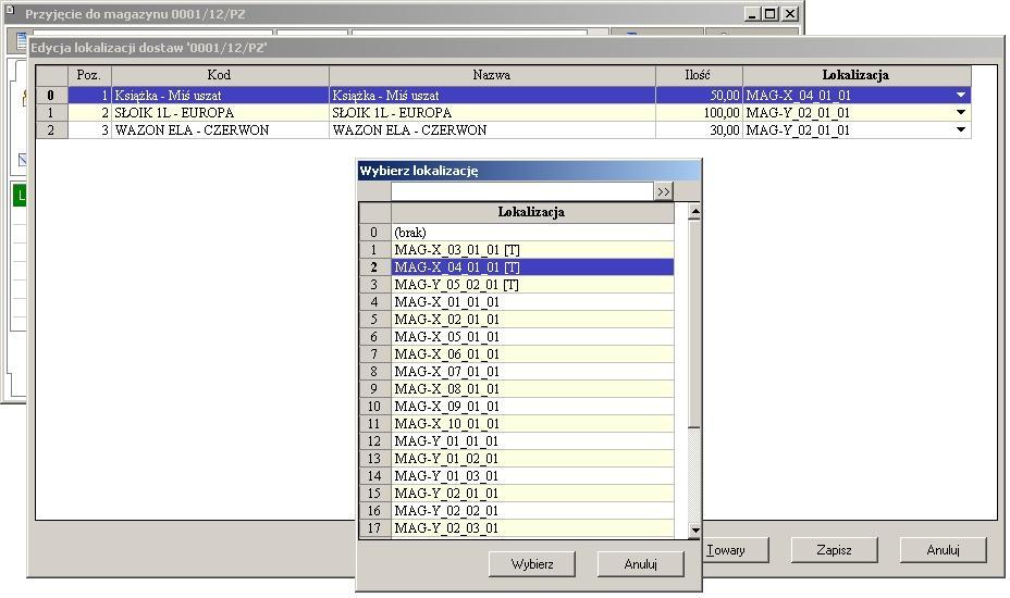 Przypisanie lokalizacji na przychodzie magazynowy Lokalizacja mo e by przypisana z poziomu okna dokumentu magazynowego (przychodowego).