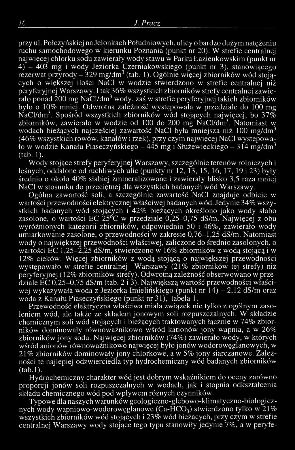 g/dm 3 (tab. 1). Ogólnie więcej zbiorników wód stojących o większej ilości NaCl w wodzie stwierdzono w strefie centralnej niż peryferyjnej W arszawy.