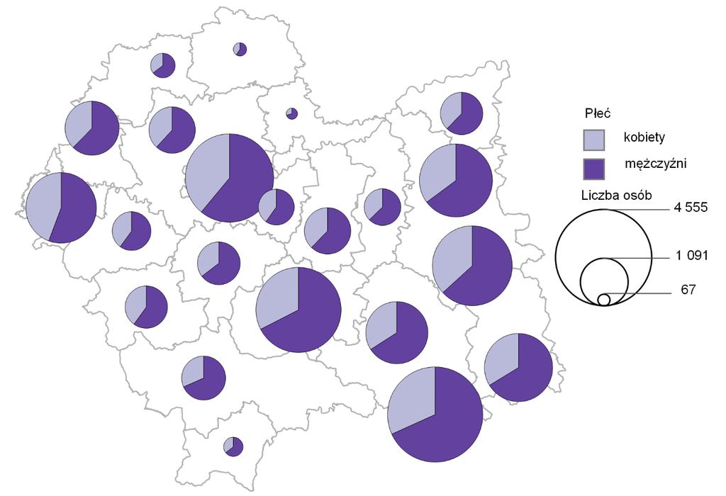 Mapa 1. Bezrobotni z epizodem pracy za granicą zarejestrowani w okresie 2004 2015, według płci Źródło: opracowanie własne na podstawie danych udostępnionych przez powiatowe urzędy pracy w Małopolsce.