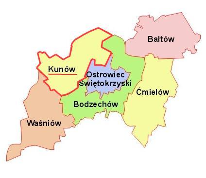 38 Mapa 2. Położenie Gminy i Miasta Kunów na tle powiatu ostrowieckiego. Skala 1: 250 000. Źródło: opracowanie własne na podstawie: sites.google.com/site/ostraokolica/ 1.2. Komunikacja drogowa Gmina leży na obszarze dawnego Staropolskiego Okręgu Przemysłowego, przy głównym ciągu komunikacyjnym tzw.