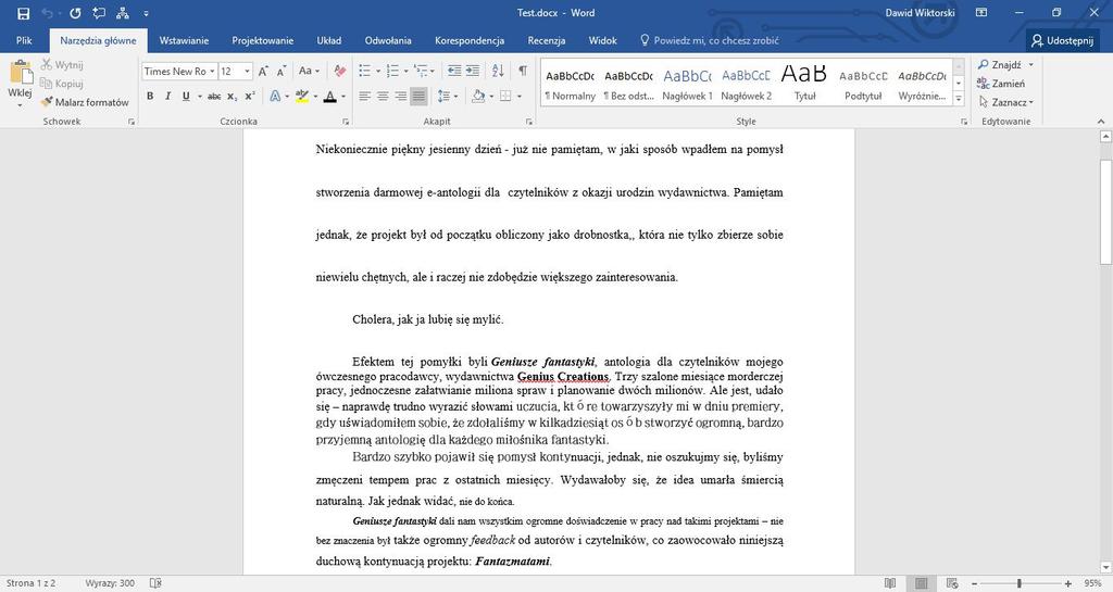 Wcześniej jednak lista zmian, jakie zajdą w pliku po zastosowaniu makra: 1. Czcionka Times New Roman 12, interlinia 1,5, marginesy 2,5 cm, wcięcie akapitowe 1,25 cm; 2.