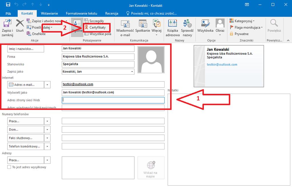 Nadawca wiadomości musi dodać adresata do książki adresowej aplikacji Outlook 2016 oraz wskazać otrzymany certyfikat.
