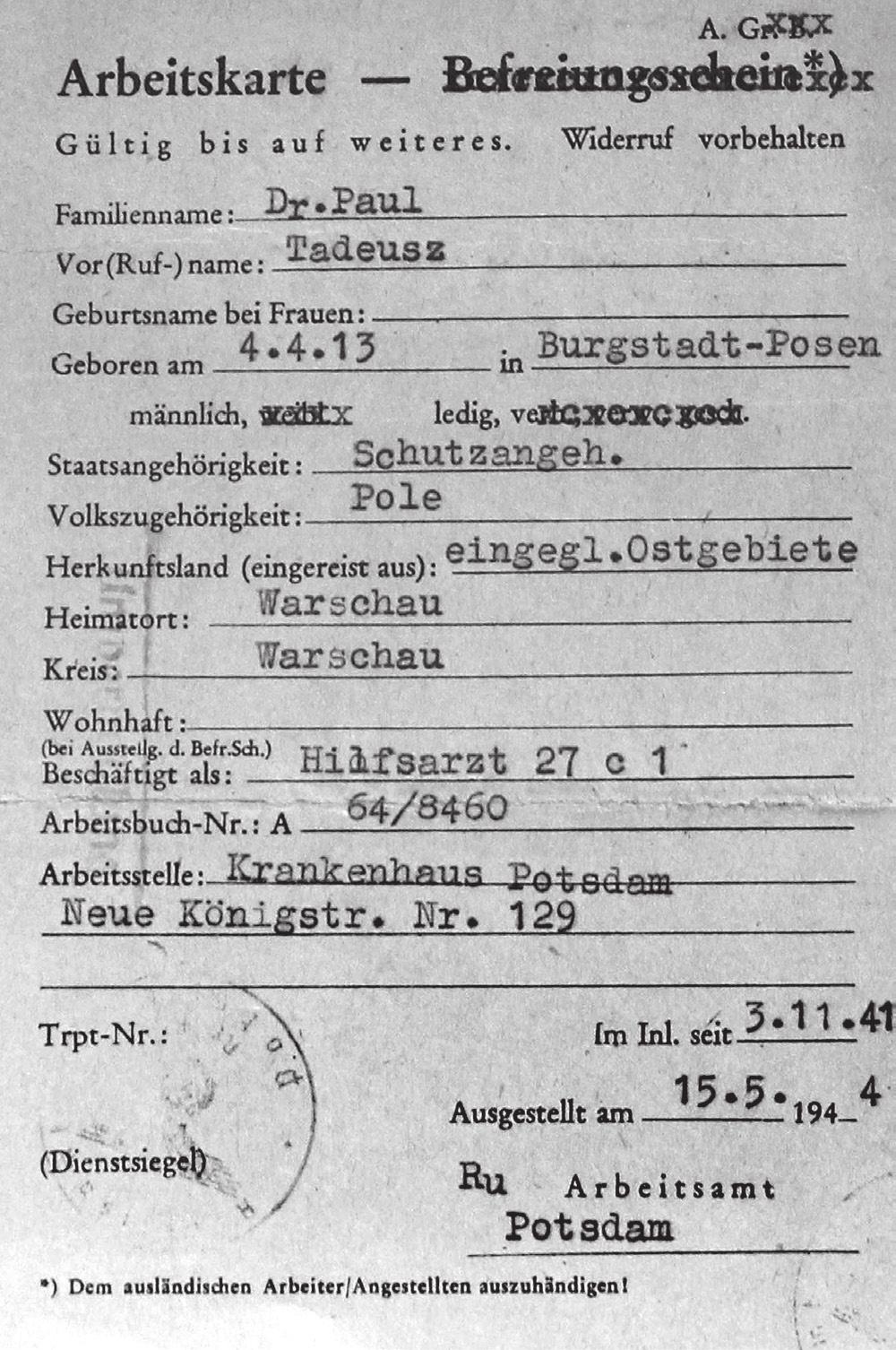 Andrzej Kierzek, Michał Pabiszczak 51 Niemiecka karta pracy Tadeusza Paula (Dział Sta