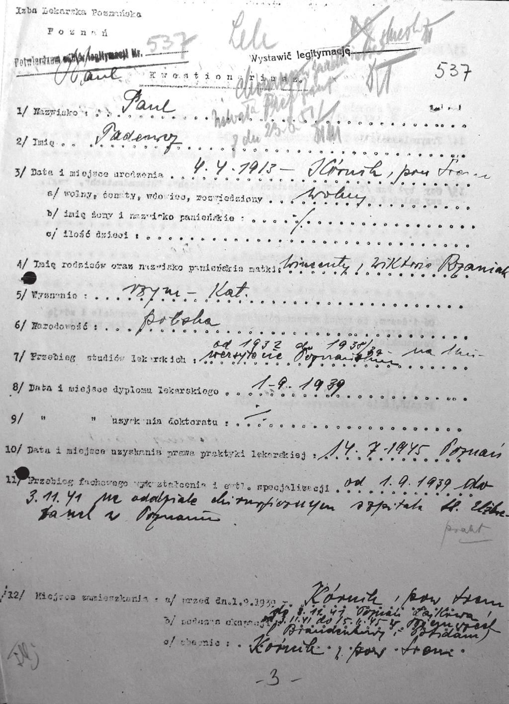 52 Tadeusz Paul (1913-1982) otolaryngolog w Ostrowie Wielkopolskim Kwestionariusz Tadeusza Paula (strona 1) (Dział Sta