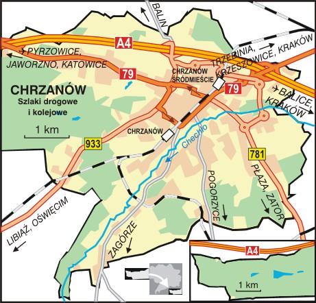 W obrębie Chrzanowa znajdują się trzy bezpośrednie zjazdy na autostradę A4 (E40). Dzięki temu Chrzanów posiada szybkie połączenie drogowe z Krakowem, Katowicami i z dalej Wrocławiem.