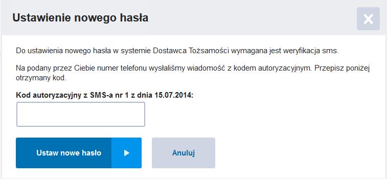 System wyśle użytkownikowi na podany przez niego numer telefonu, kod autoryzacyjny, który należy wpisać w odpowiednie Pole strony Ustawienie nowego