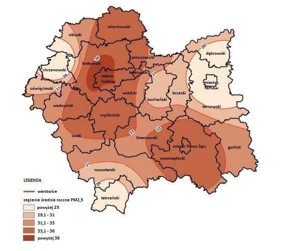 Mapa 8 Rozkład stężeń pyłu zawieszonego PM2,5 stężenia roczne na terenie województwa małopolskiego w 2015 roku Źródło: Ocena jakości powietrza w województwie małopolskim w 2015 r.