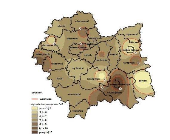 Mapa 9 Rozkład stężenia rocznego benzo(a)pirenu w pyle PM10 na terenie województwa małopolskiego w 2015 roku Źródło: Ocena jakości powietrza w województwie małopolskim w 2015 r.