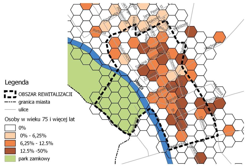 Pogłębiona analiza tych danych wskazuje, że na obszarze rewitalizacji widoczny jest systematyczny wzrost liczby osób w wieku poprodukcyjnym, szczególnie powyżej 75 roku życia, co powoduje szczególną