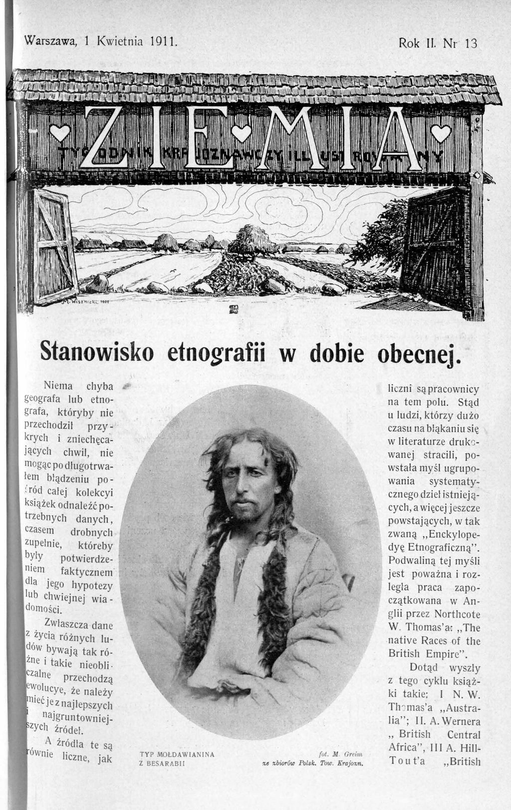 Warszawa, 1 Kwietnia 1911. Rok II. Nr 13 Stanowisko etnografii w dobie obecnej.