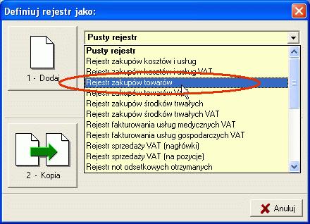 terytorium kraju. FZN - Faktura zakupu NP oraz KZN Korekta zakupu NP Tworzenie nowego dokumentu w: Definicje -> Typy dokumentów > F2 nowy b) Utworzyć nowy rejestr: Rejestr zakupu NP.