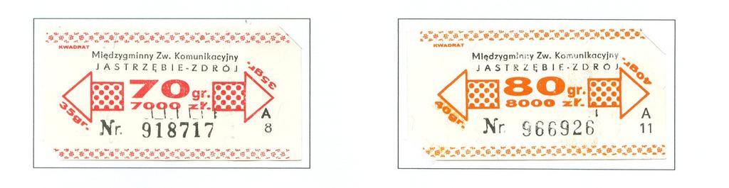 Znane serie:a1, A2, A3 itd. do A50; B1, B2 itd. do B10; C1, C2 itd. do C10; D1, D2 itd. do D10; E1, E2 itd. do E10; F1, F2 itd. do F10; G1, G2 itd. do G10. Bilety w cenie 80 gr/8000 stare zł.
