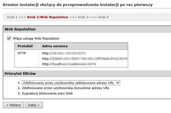 Trend Micro Smart Protection Server Podręcznik instalacji oraz uaktualniania programu 3.2 4. Kliknij przycisk Dalej. Zostanie wyświetlony ekran Usługa Web Reputation. 5.