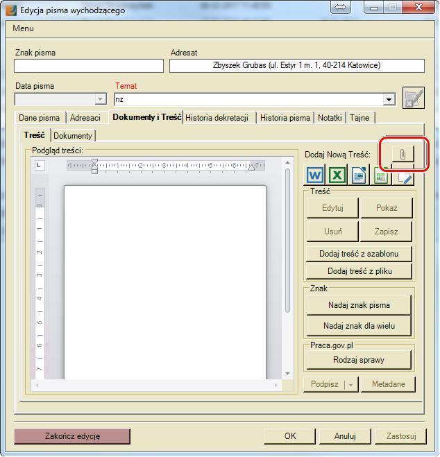 Dodano ikonę na oknie TRESC - dodaj załącznik - po dodaniu załącznika przekieruje na zakładkę Dokumenty. =========================================================================== 14.