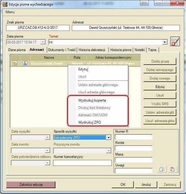 37. Dodano - Drukuj ZPO z poziomu pisma użytkownika Na zakładce adresaci do menu kontekstowego dodano możliwość wydrukowania koperty oraz